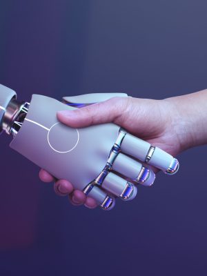 Robot handshake human background, futuristic digital age